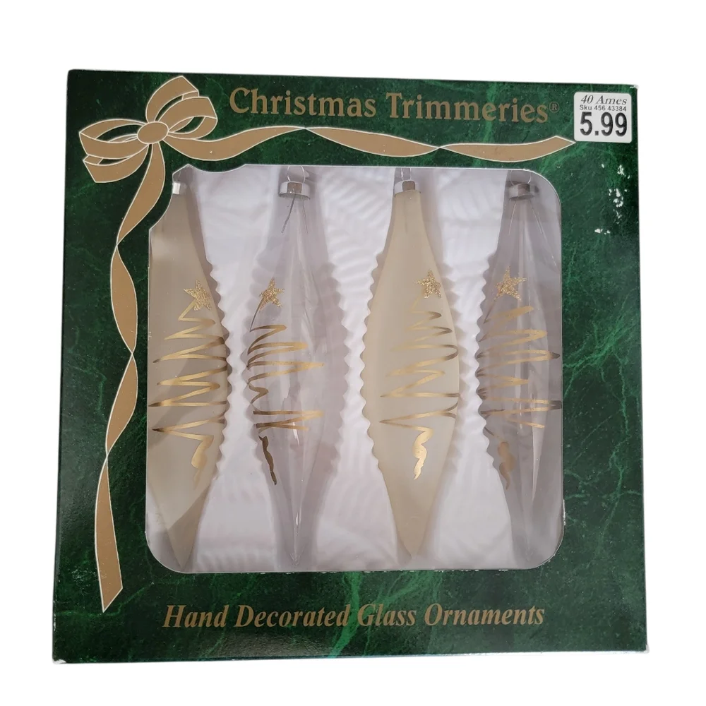 Set Of 3 Vintage Glass Christmas Tree Ornaments 12 Total Hand Painted Gold